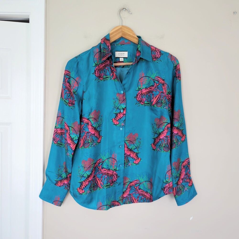 J. Crew Collection Silk Twill Button Down Shirt Long Sleeve Lobster Print Size 2